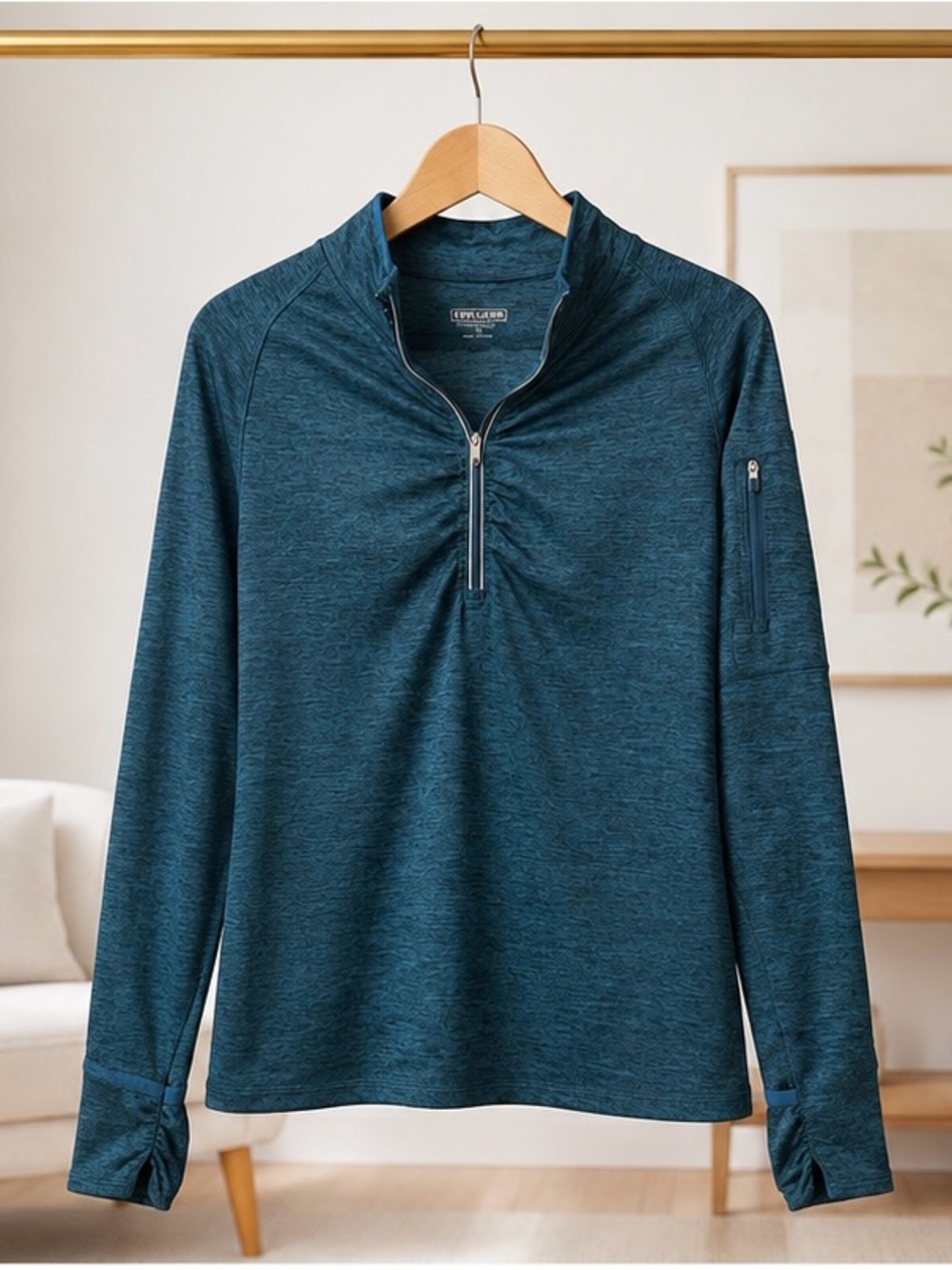 Kirkland Signature Teal Blue Heather Quarter-Zip Pullover with Zip Sleeve Pocket
